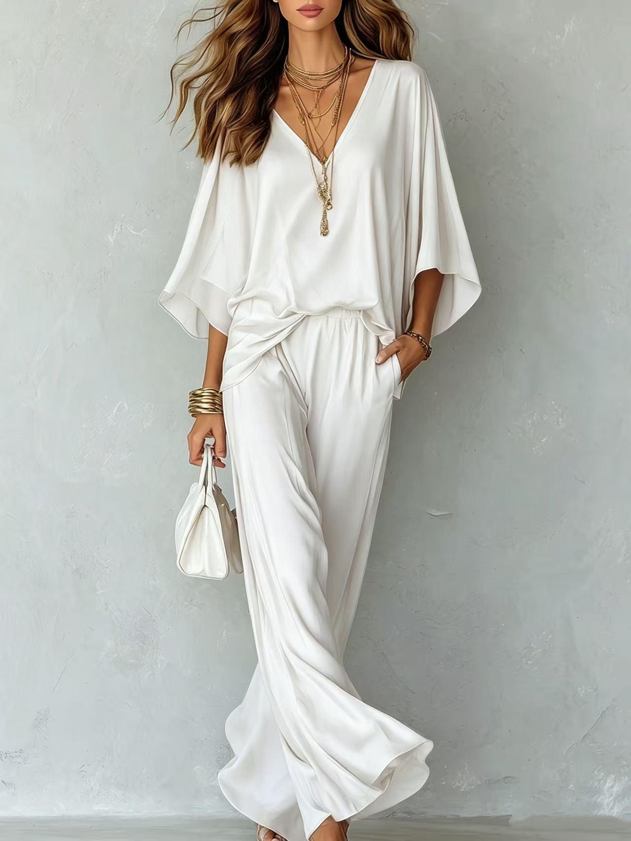 Solid-color Casual Batwing-sleeve Set With Wide-leg Pants