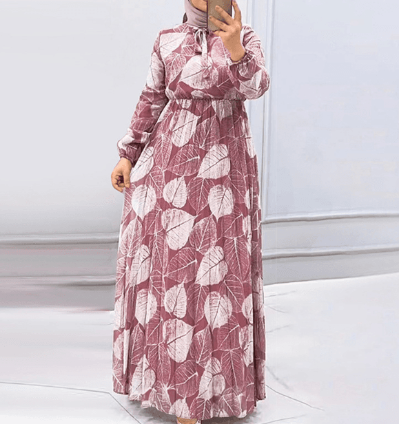 Women's Leaf Print Pleated Skirt Fashionable Waist-Slimming Dress