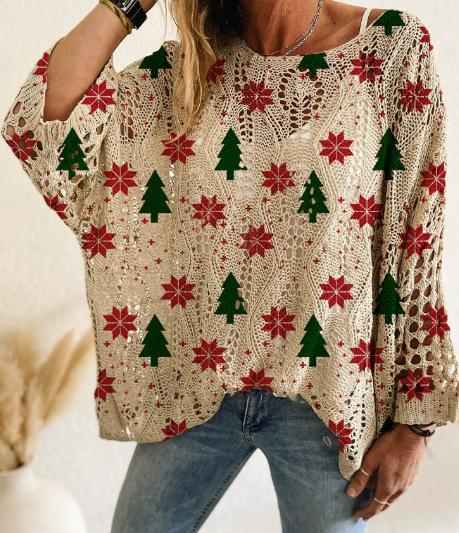 Bat Loose Off-shoulder Boat Neck Diamond Hollow-out Contrast Color Christmas Print Knitted Sweater