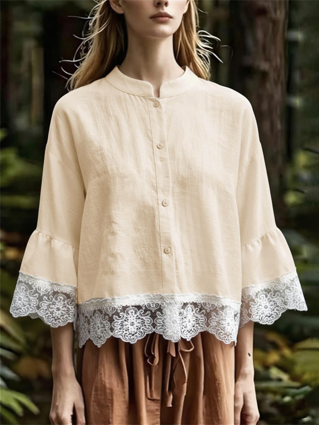 Mandarin Collar Lace Trim Bell Sleeve Linen Button Down Blouse