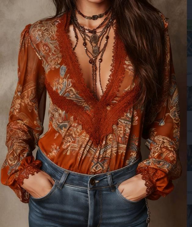 Retro Paisley Print V-neck Lace Puff Sleeve Women's Shirt Top
