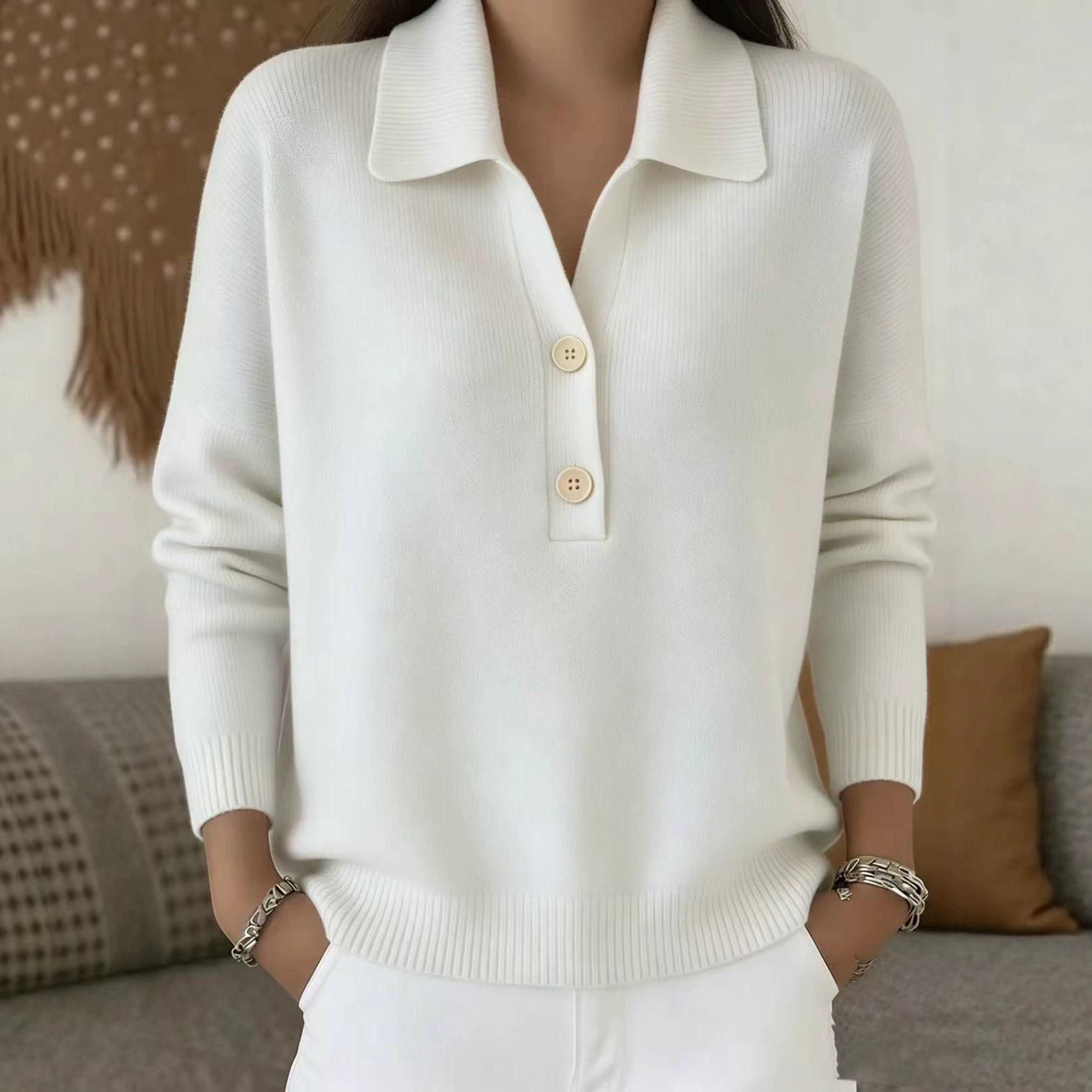 Button Lapel Sweater Women's Knitted Polo Neck Long Sleeve Pullover Top Casual Fall Winter Clothing
