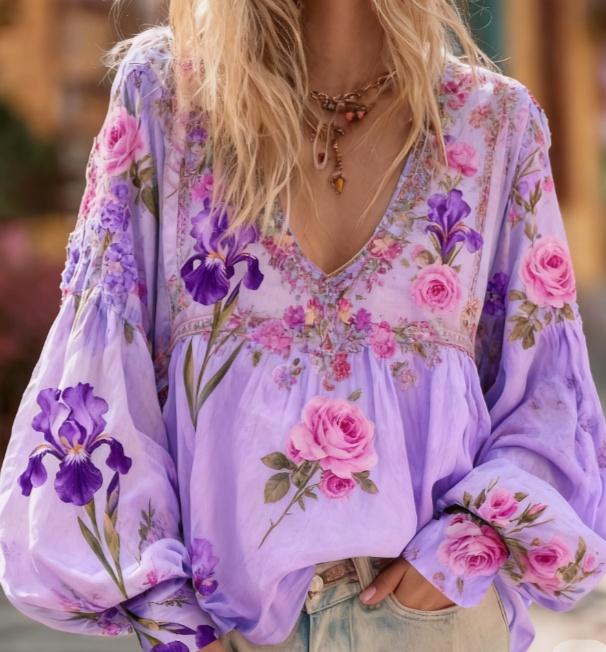 Floral Embroidery Casual V-neck Puff Sleeve Top