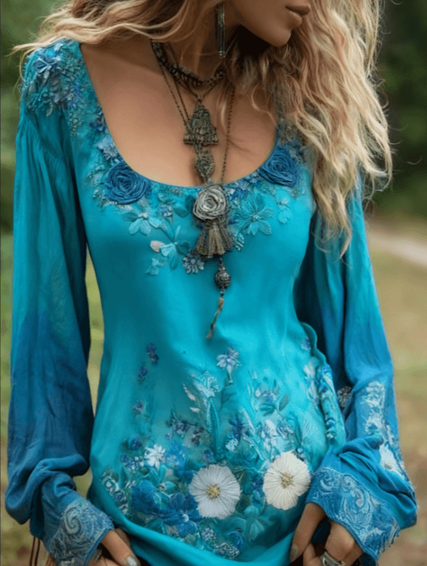 Grass And Flower Embroidered Linen Shirt
