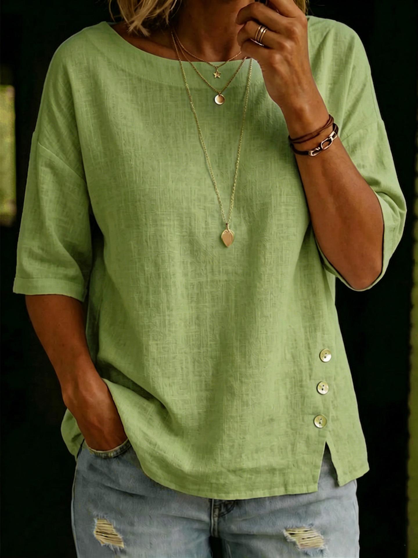 Asymmetrical Button Design Round Neck Loose-fitting Casual Top