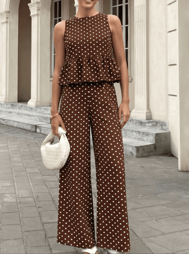 2026 Round Neck Sleeveless Ruffled Top And High Waisted Wide Leg Pants Two-piece Set