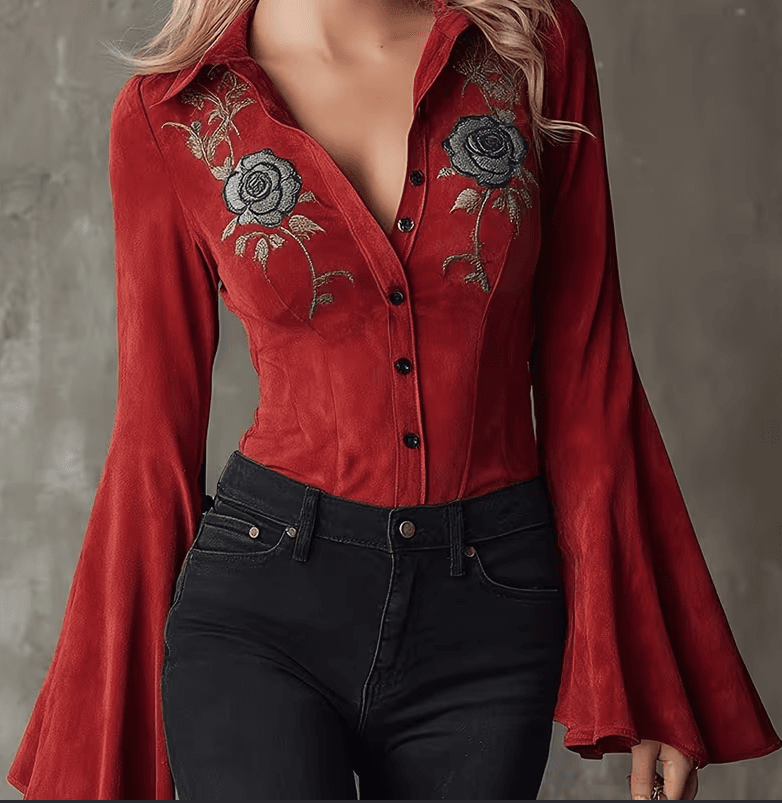 Retro Collar Button-down Slim-fit Bell Sleeve Top