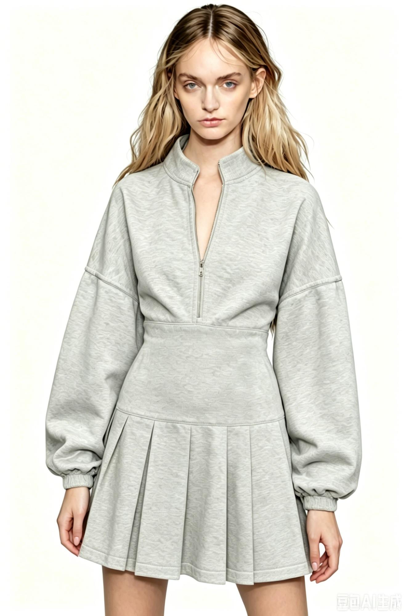Gray Half-zip Waist-cinching Pleated Hoodie Dress