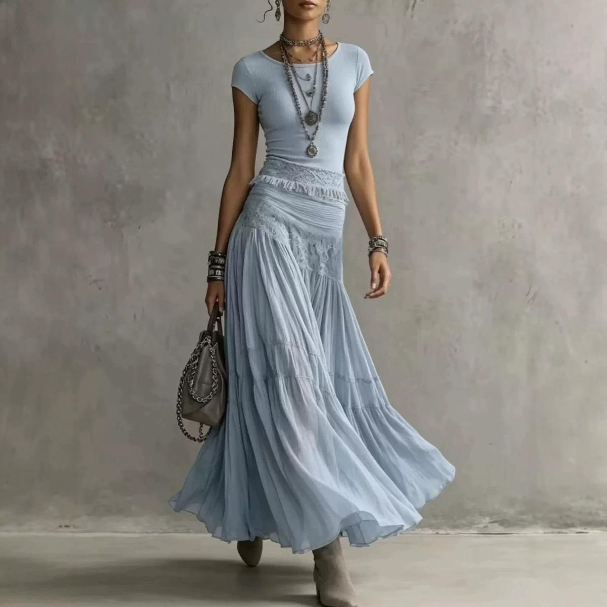 Fashionable And Flowing Knit Top With A Chiffon Long Skirt Set
