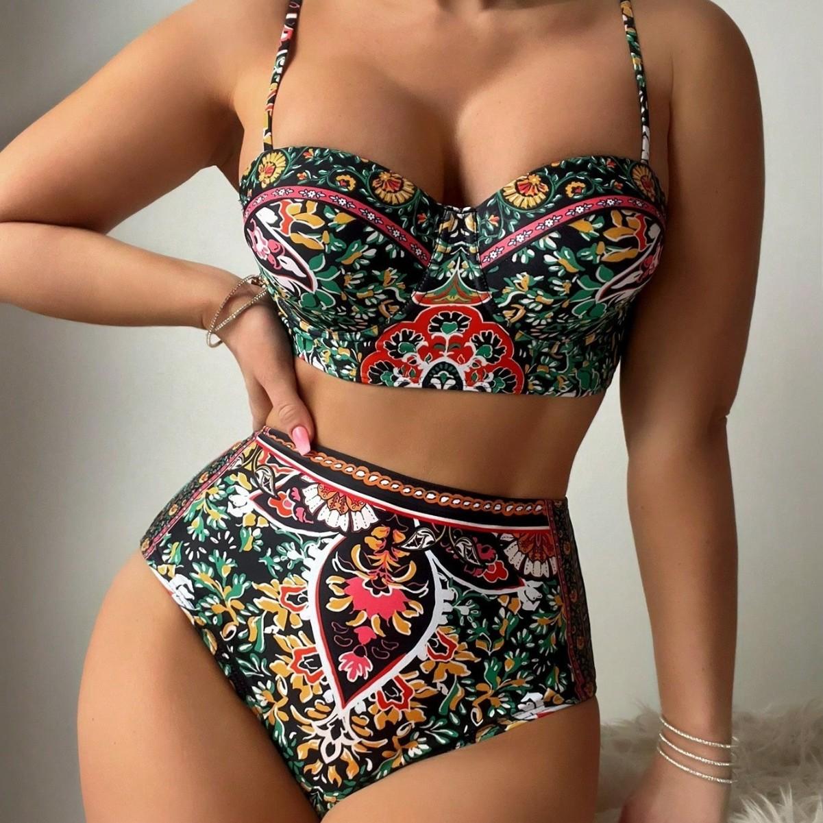 Floral Print Hard Cup Sexy Bikini Set With Straps High Elastic Swimsuit