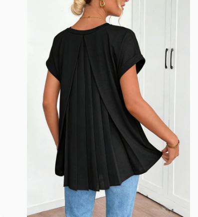Womens Back Pleated V-Neck Short-Sleeve Top