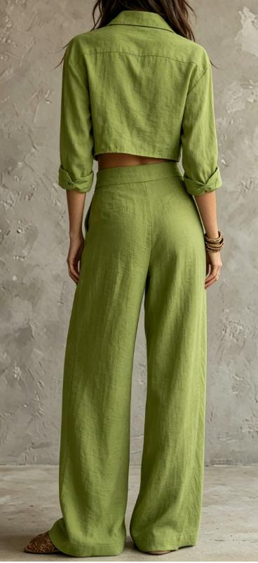 Green Short-sleeved Shirt And Wide-leg Pants Set