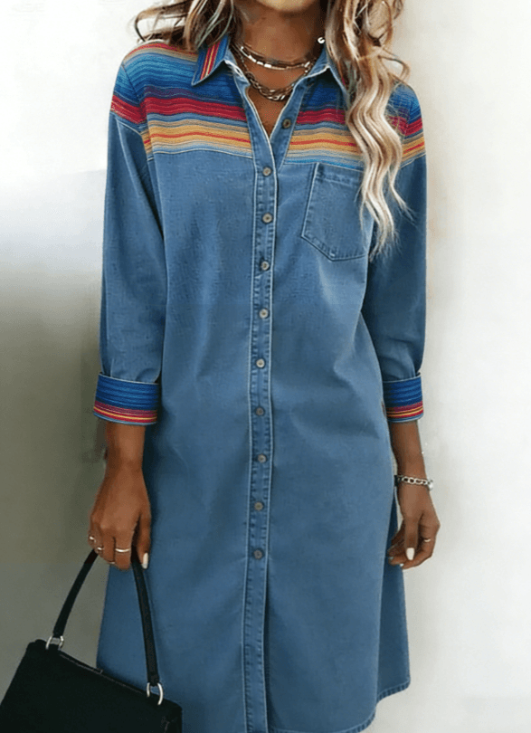 Retro-style Collared Women's Long-sleeved Midi Shirt Dress