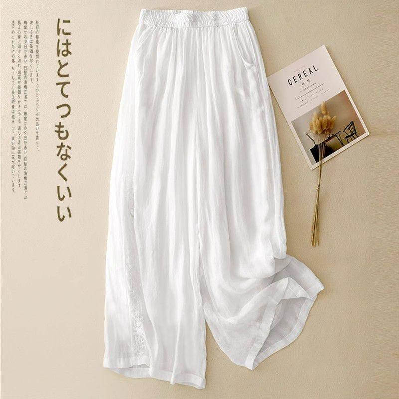 Embroidered Loose-fit Drapey Cotton-linen Pants