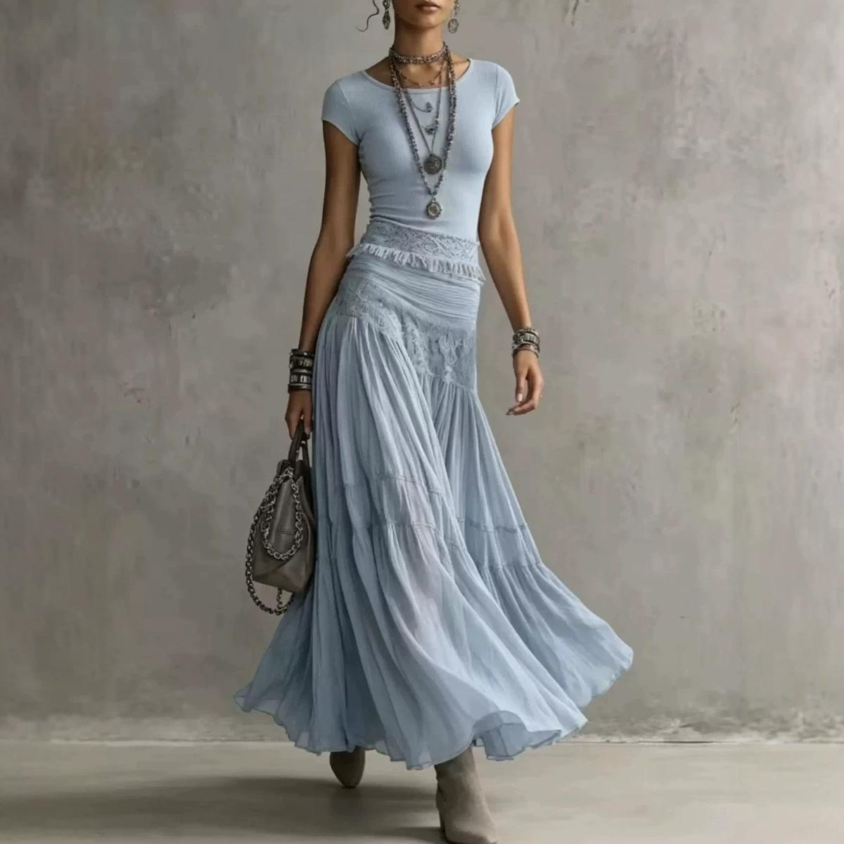 Fashionable And Flowing Knit Top With A Chiffon Long Skirt Set