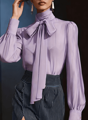 Women's High-neck Puff-sleeved Blouse With Tie