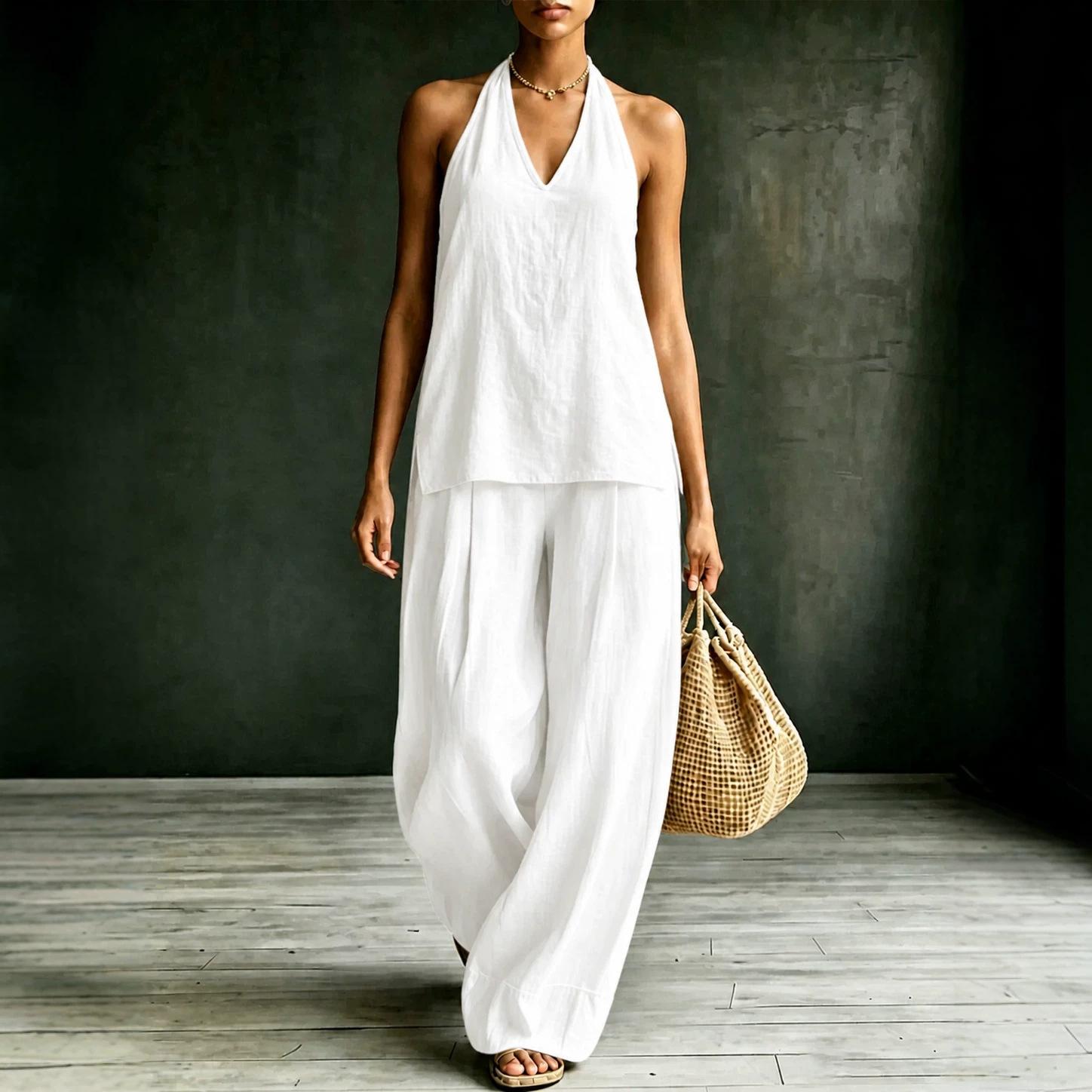 Women's Halter Neck V-Neck Sleeveless Casual Set