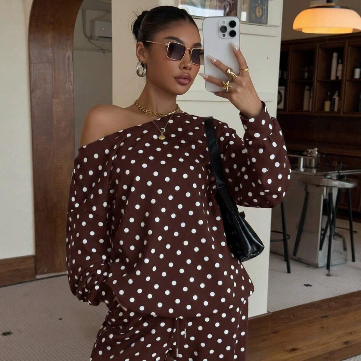 Polka-dot Print Long-sleeve Pants Casual Loose-fitting Set