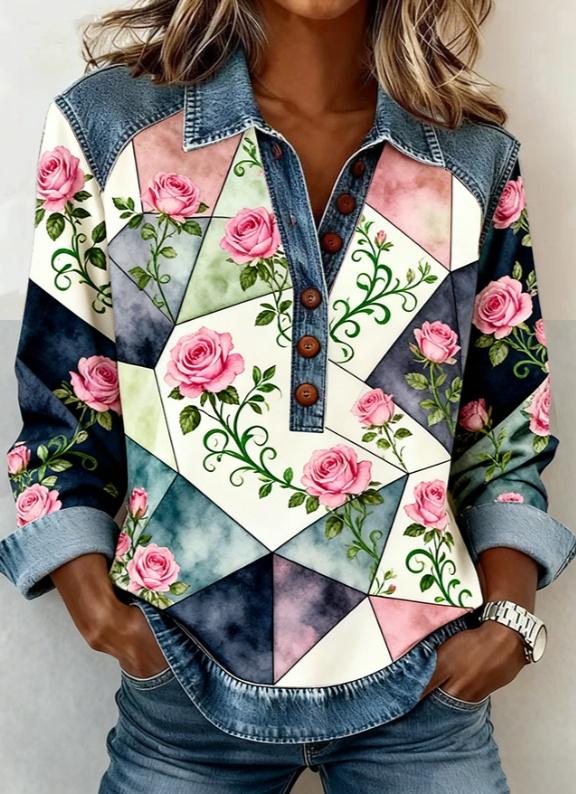 Denim Patchwork Collar Button-down Casual Long-sleeved Top