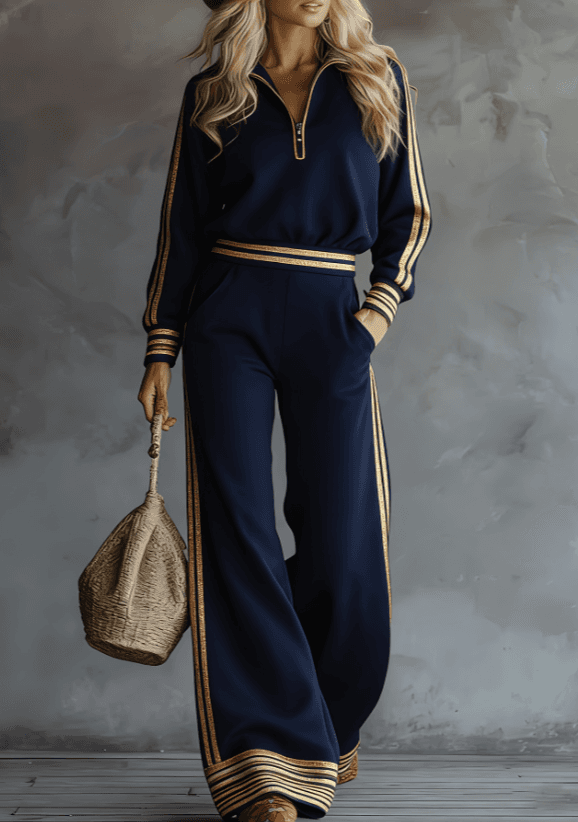Phnom Penh Stripe Stand-Collar Half-Zip Sweatshirt And Wide-Leg Pants Two-Piece Set