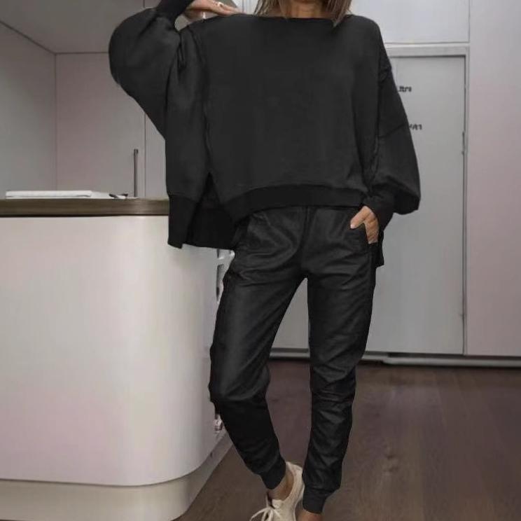 Side Slit Round Neck Casual Top Plus Small Angle Blouse And Pants Female