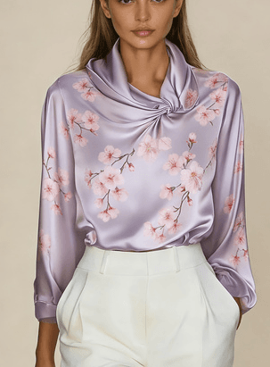Women's French-style Elegant Satin Printed Turtleneck Long-sleeved Loose-fitting Shirt