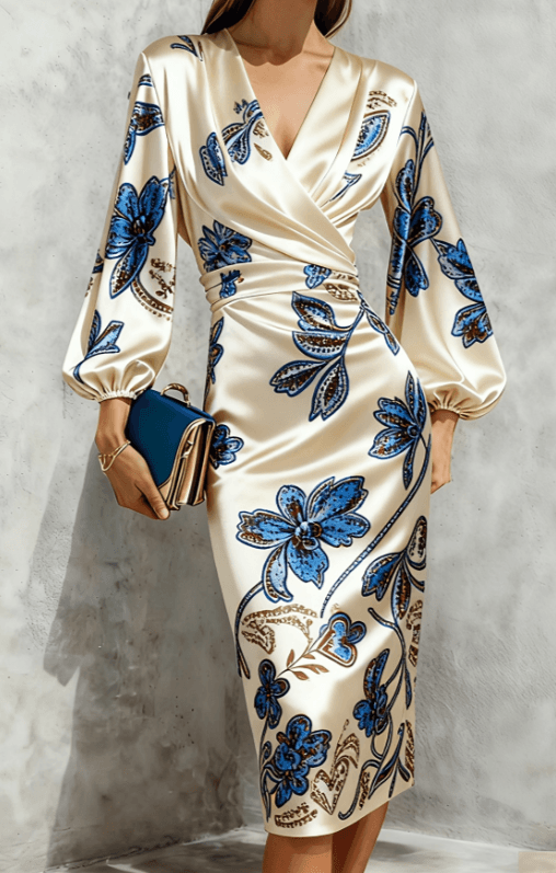 Women's Retro Floral V-Neck Puff Sleeve Slim Fit Dress
