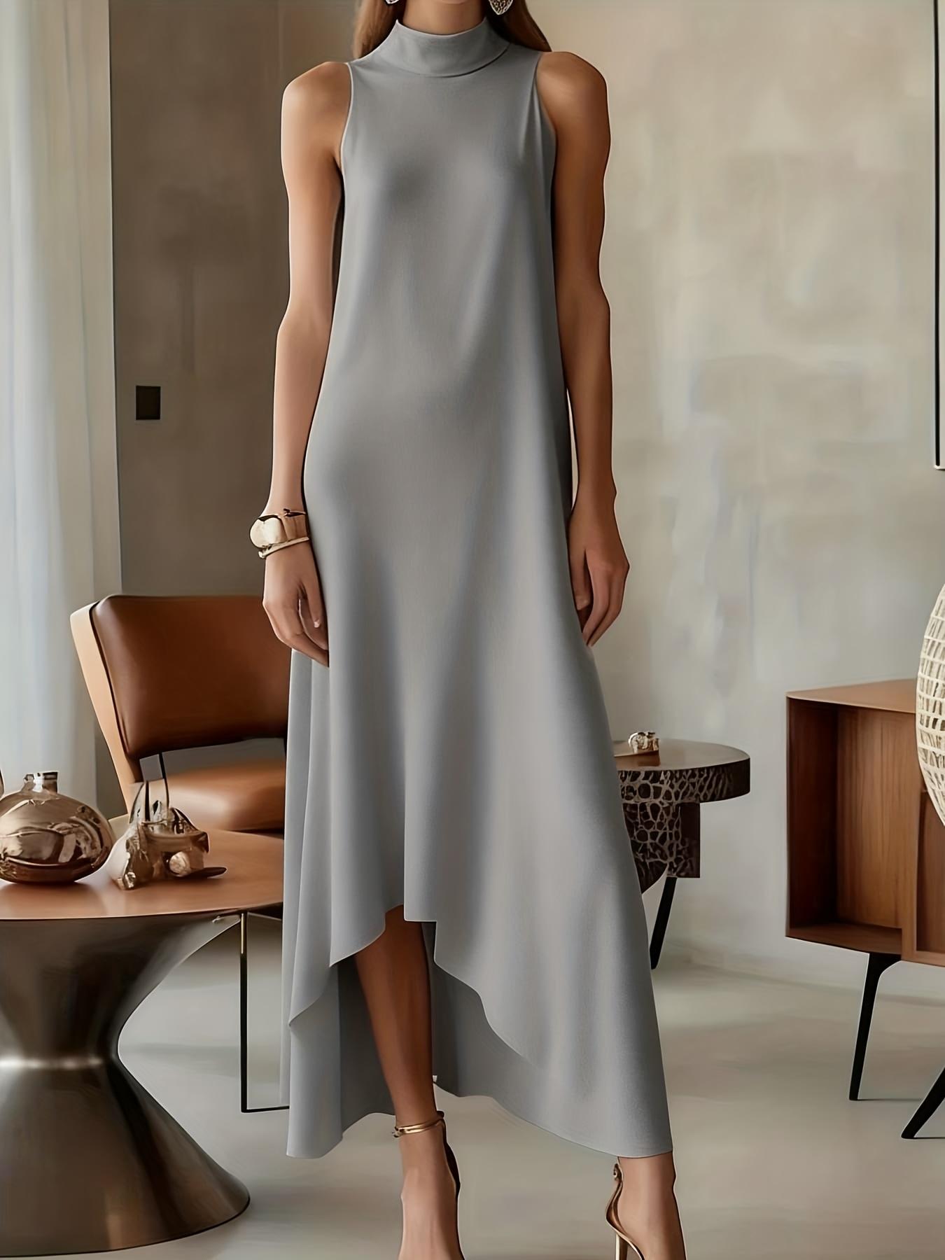 Women's Minimalist Elegant Sleeveless High-neck Midi Dress With Irregular Hem