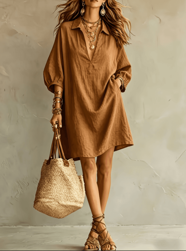 2026 New Polo V-neck Bubble Sleeve Loose Shirt Dress