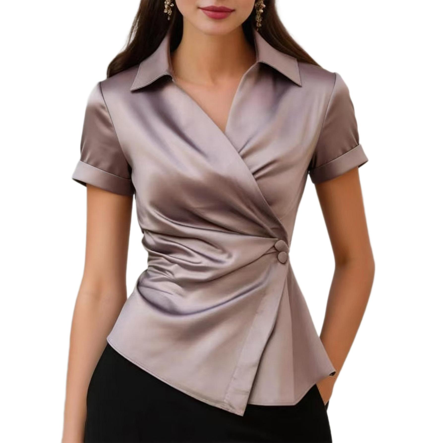 Elegant Commuter Cross V-Neck Defined Waist Pleated Short Sleeve