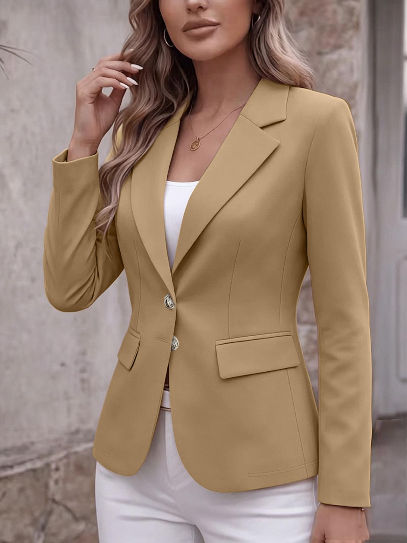 Notch-lapel Two-button Flap-pocket Long-sleeve Petite Blazer Cardigan Coat