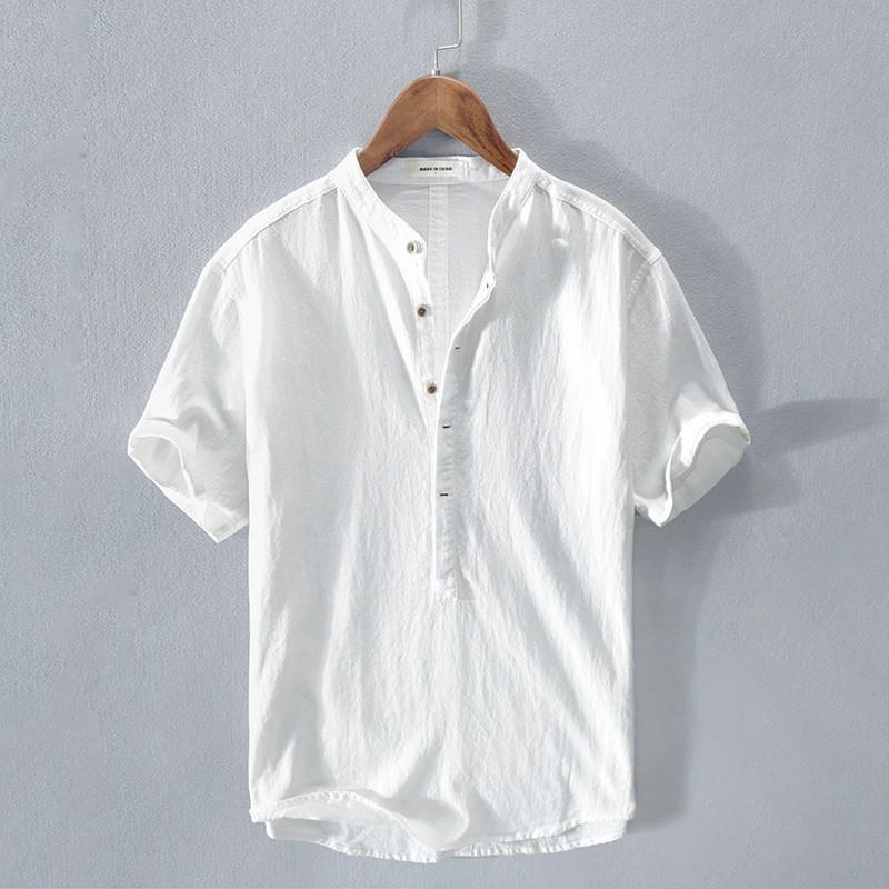 Solid-color Stand-collar Breathable Linen Casual Shirt
