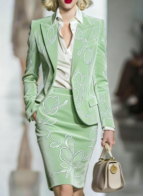 Elegant Velvet Printed Suit And Pencil Skirt Set