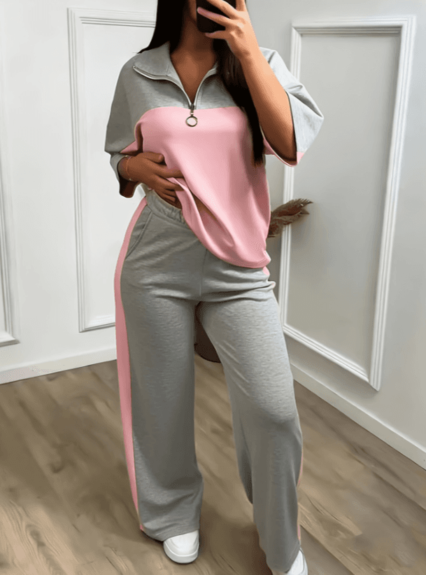 Color-block Stand-collar Short-sleeve Wide-leg Pants Two-piece Set
