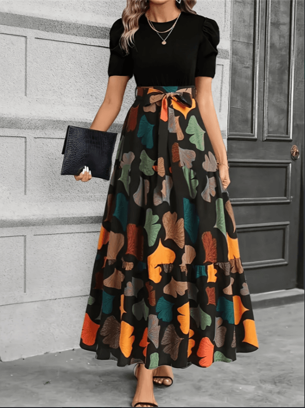 Leaf Print 2-in-1 High Waist Maxi Dress, Vintage Floral A-Line Long Dress