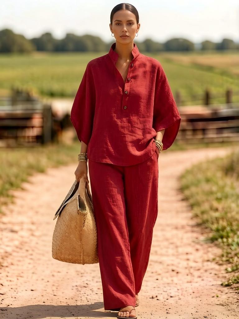 Linen Two-Piece Set For Women Shirt And Wide-Leg Pants