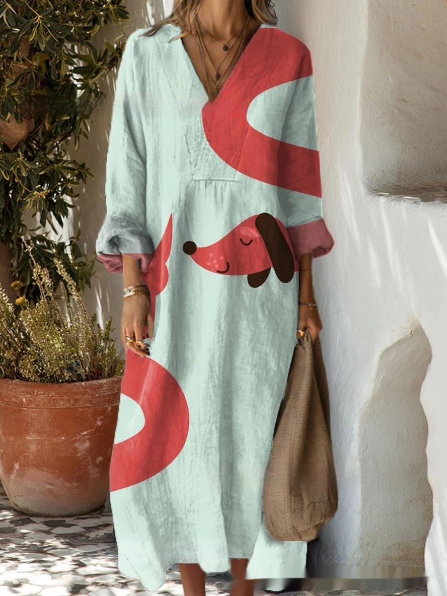 Women's Digital Printed Wide V-neck Dress