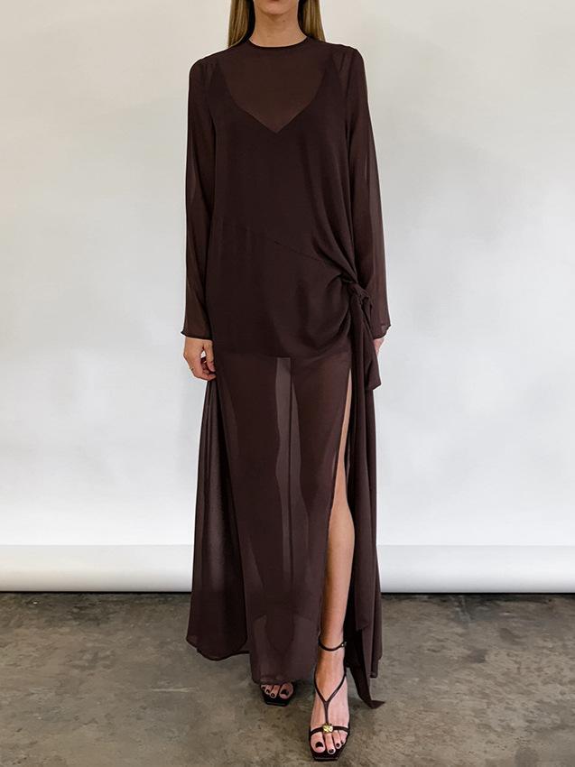 Mesh Sheer Round Neck Long Sleeve Tie Bow Slit Dress