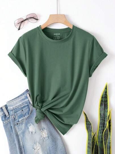 Solid Round Neck Tee Celebrity-Style Short-Sleeve Casual Top