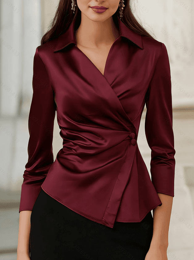 Wine Red Satin V-neck Crossed Waist Irregular Long Sleeved Shirt