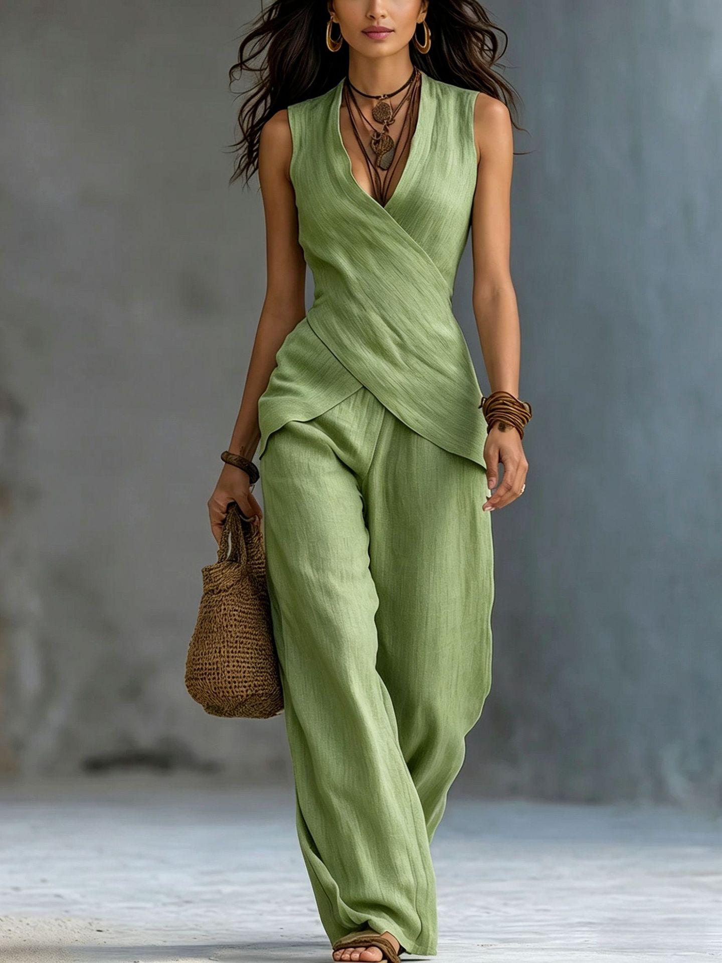 V-neck Crossover Top With Simple Casual Trousers