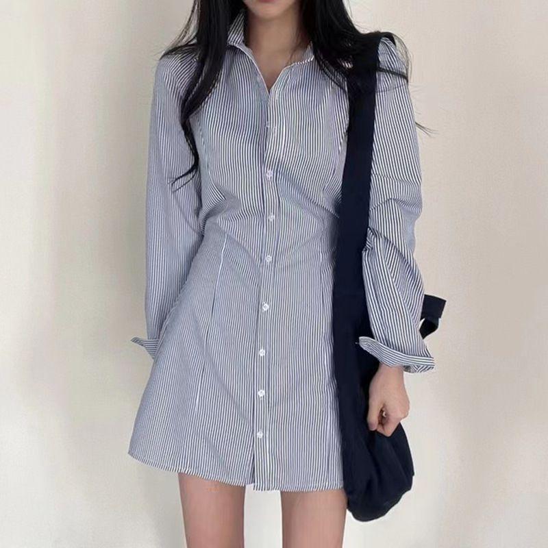 Striped Long-sleeved Shirt Dress Women's Single-breasted Skirt