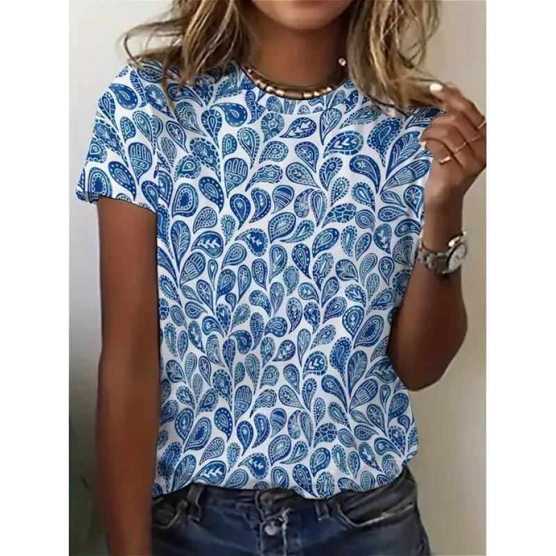 Womens Printed Short-sleeve Crew-neck Pullover Top