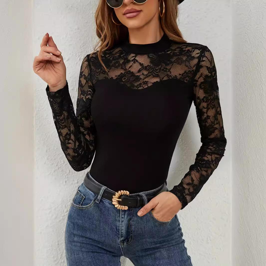 Fashion Lace Stitching Long-sleeved Small Stand Collar Pullover Base T-shirt