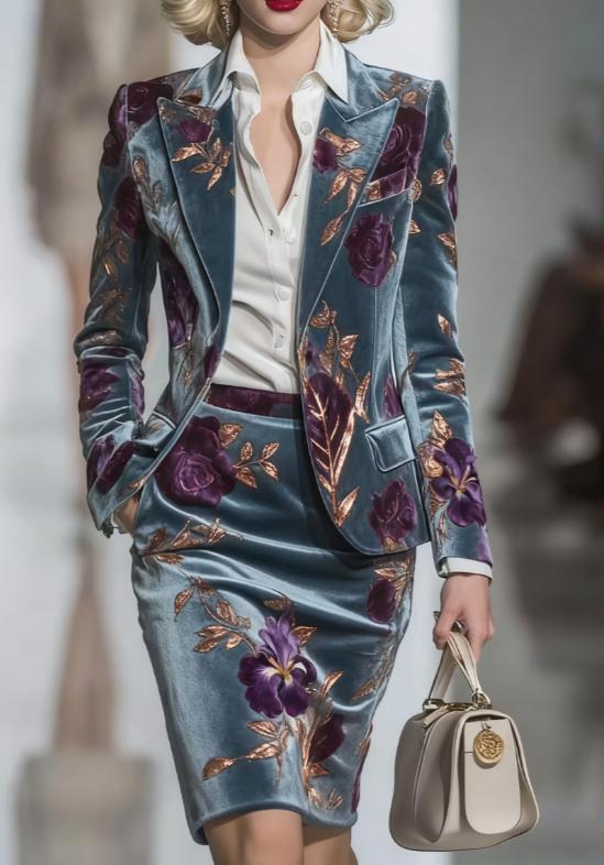 Elegant Velvet Printed Suit And Pencil Skirt Set