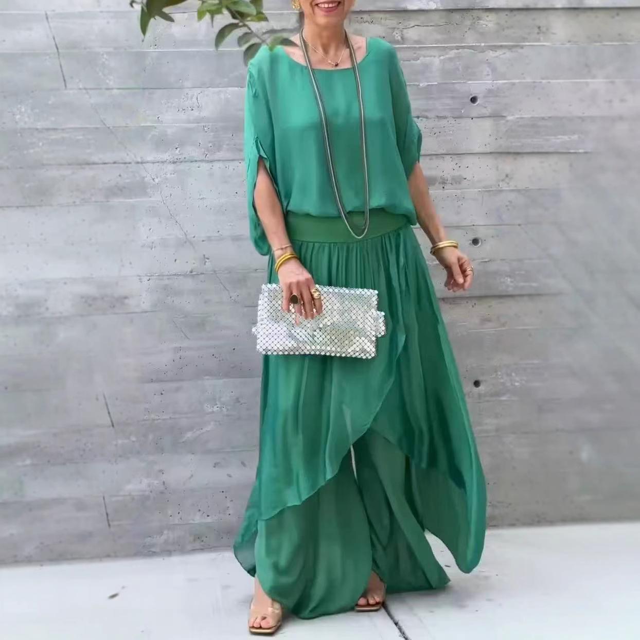 Loose Comfortable Top Split Wide Leg Pants Chiffon Casual Suit