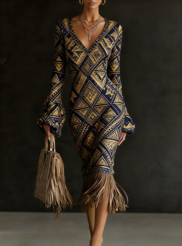 Tassel-decorated V-neck Bell Sleeve Casual Dress