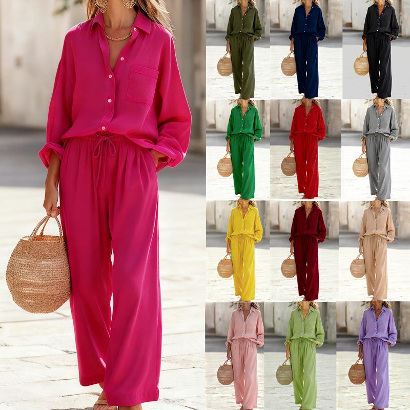 Womens Solid-Color Cotton-Linen Loose-Fit Set