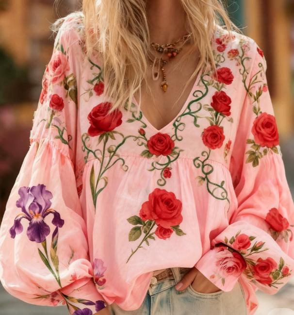Floral Embroidery Casual V-neck Puff Sleeve Top
