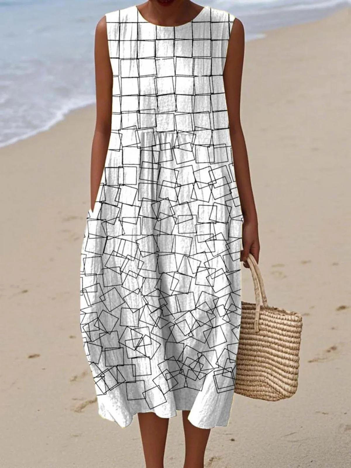 Digital Printing Pattern Sleeveless Round-neck Long-sleeved Dress